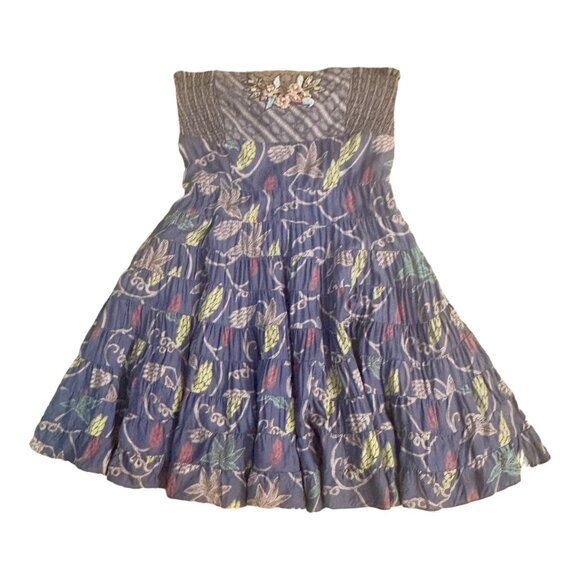 Free People Strapless Dress Ruffle Floral Embroidered Fully Lined Boho Size 6 - Picture 1 of 12